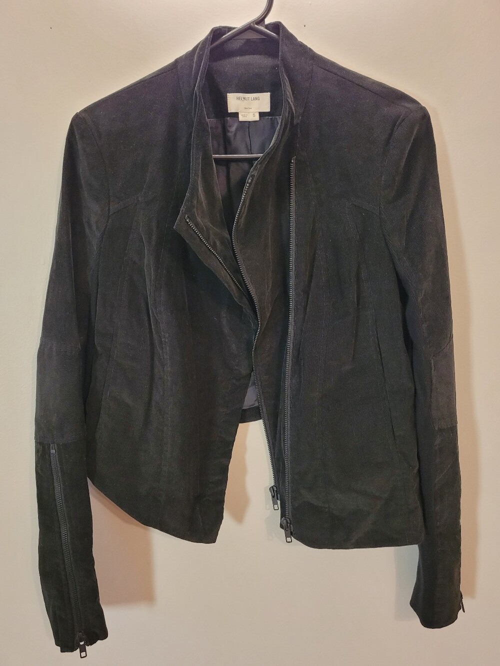Helmut Lang Black Double Zip Asymmetrical Corduroy Biker Blazer Size  S